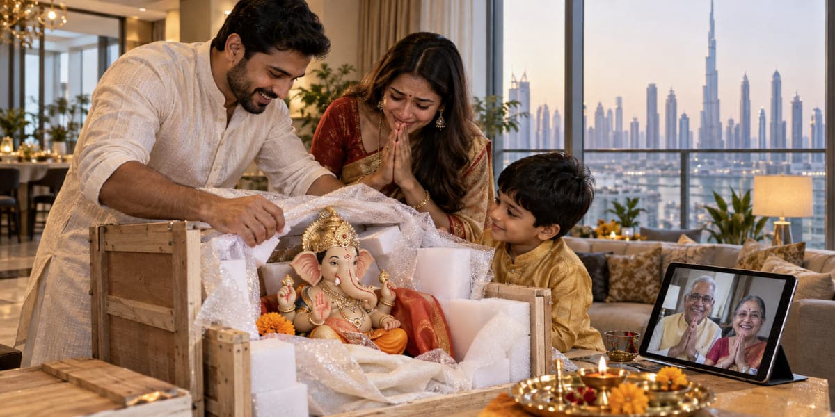 Family in Dubai receiving an intact Ganpati idol from Mumbai