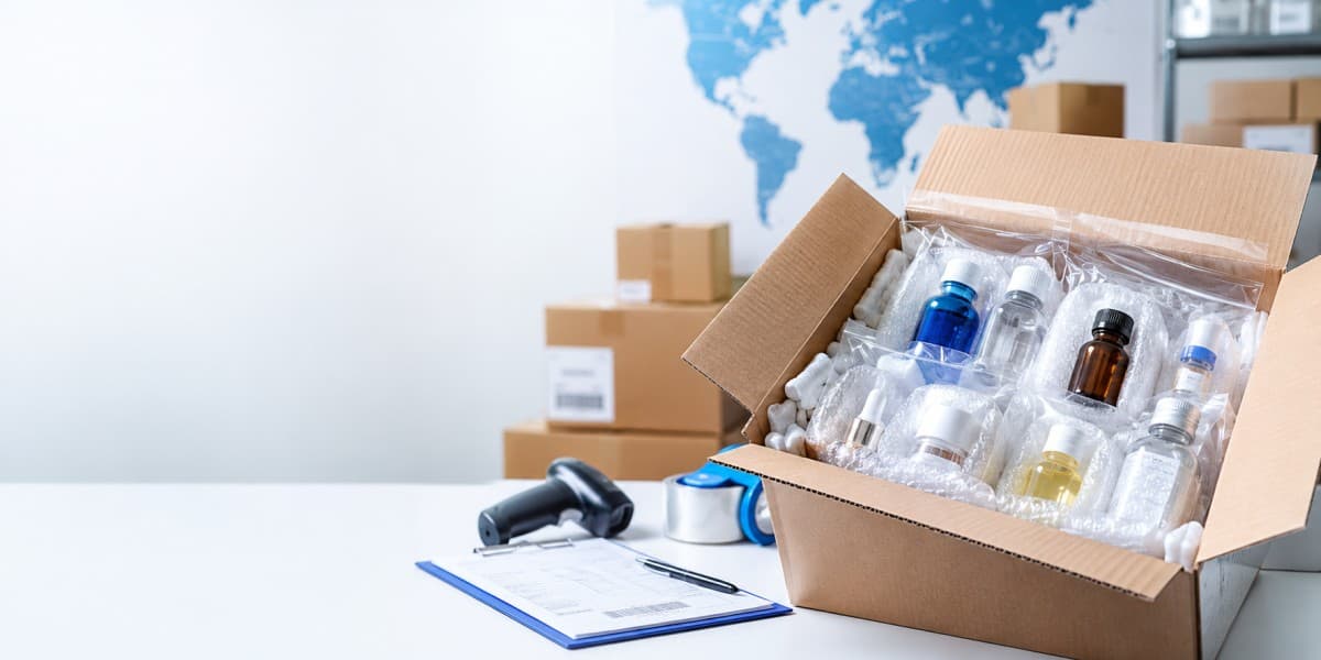 Liquid containers securely packed for international courier delivery