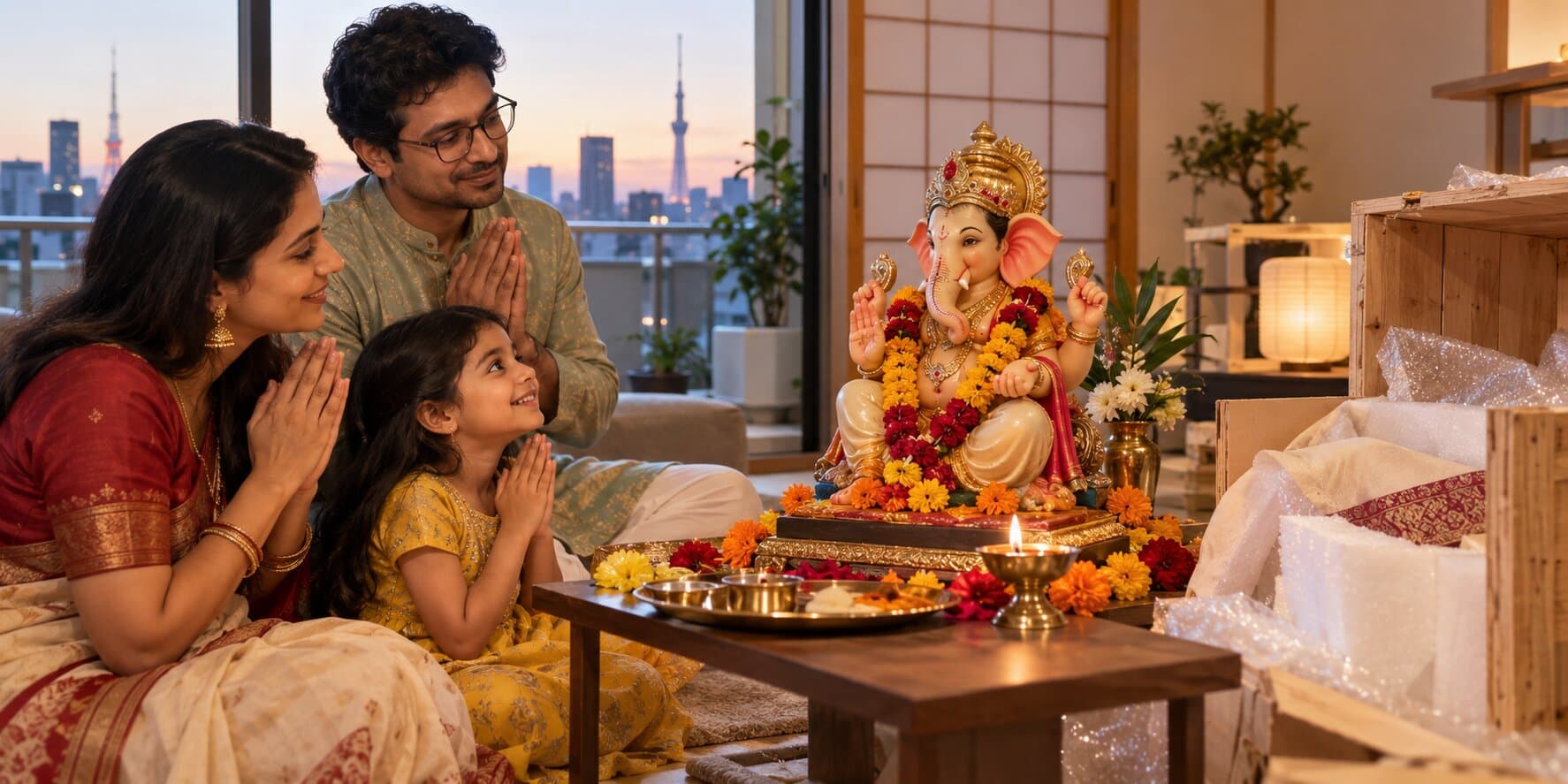 Hindu family in Japan welcoming their Ganpati idol from India