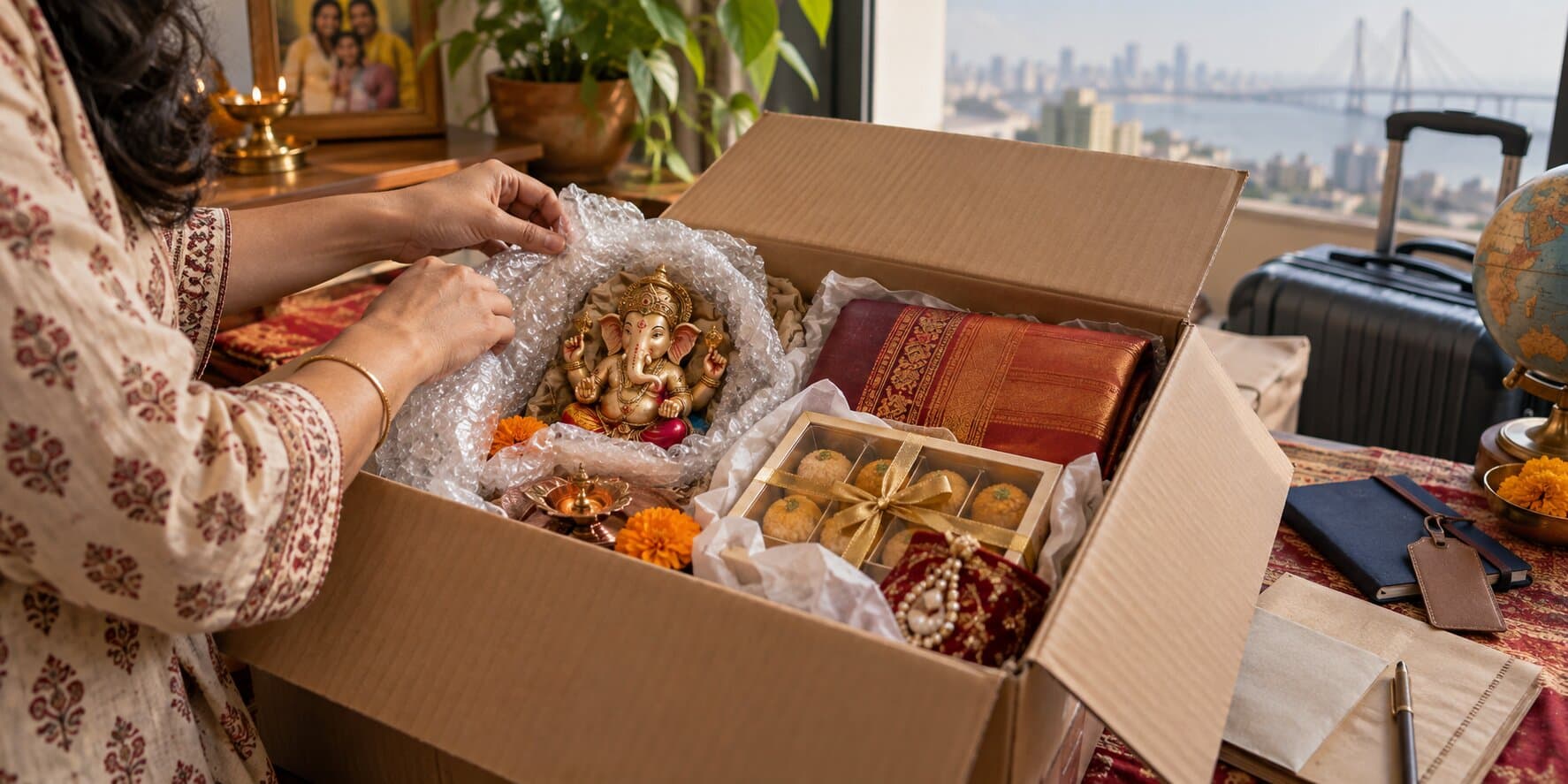 Ganpati idol and festival gifts being protected for overseas delivery