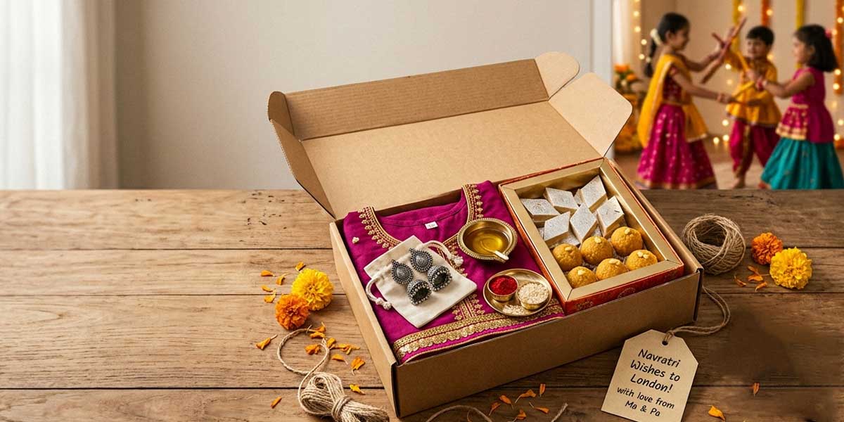 Navratri outfit, sweets and puja gifts prepared for shipping abroad