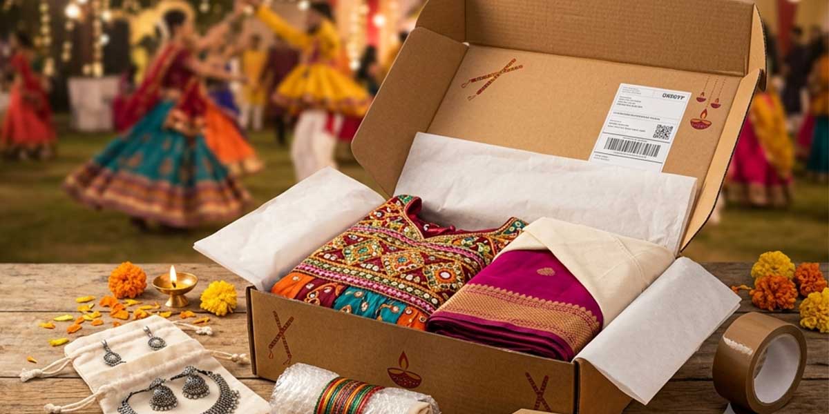 Navratri outfit, saree, jewellery and bangles prepared for shipping