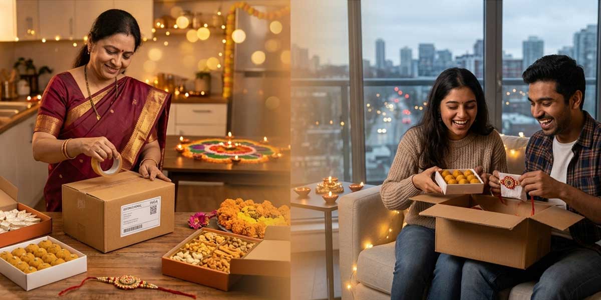 A mother packing festival sweets and gifts in India and family abroad opening the parcel