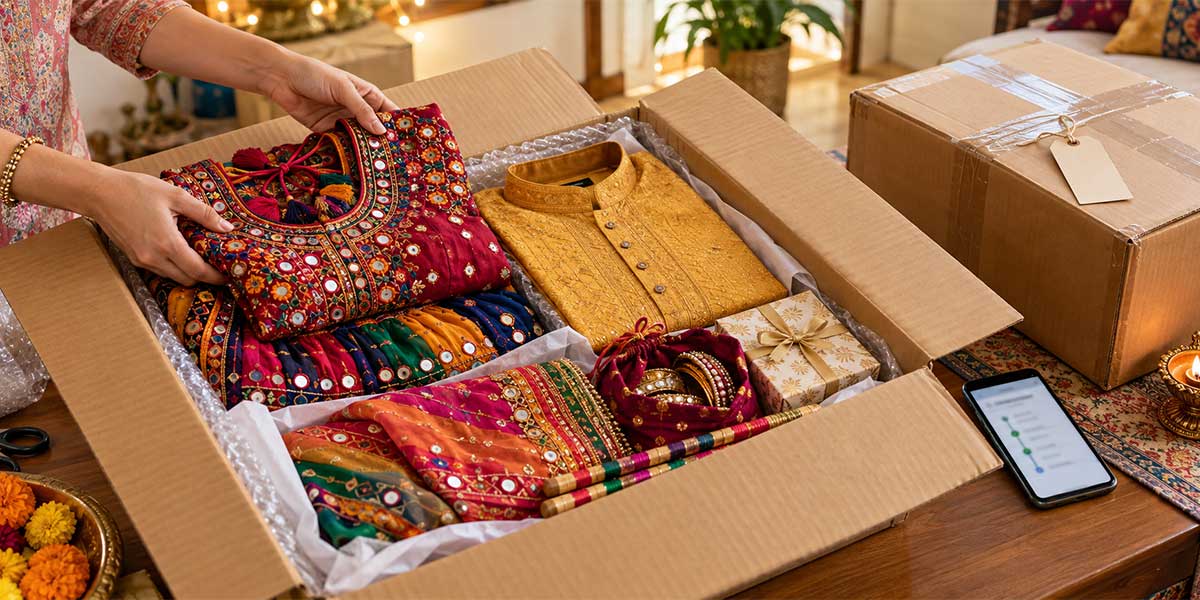 Colourful Navratri outfits and festive gifts inside a courier box