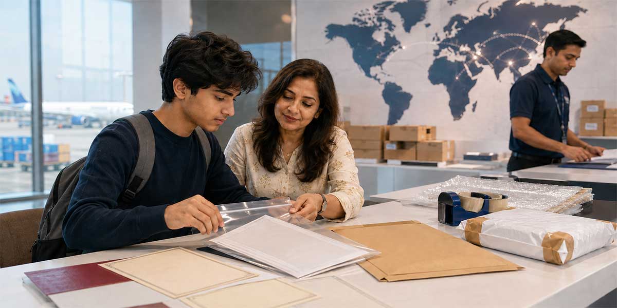 Securely packed academic documents for overseas delivery