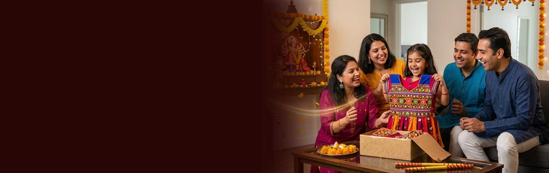 A family overseas receiving a colourful Navratri outfit from India