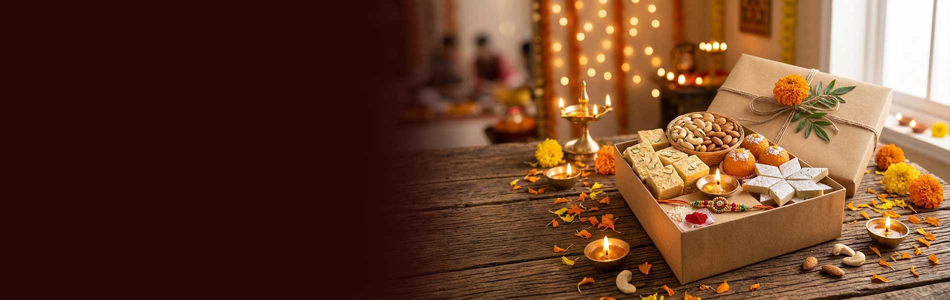 A festival gift box of Indian sweets, dry fruits and a rakhi packed for sending abroad