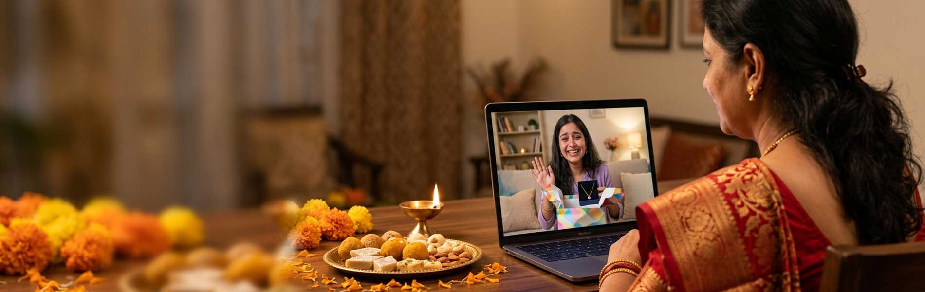 A mother sharing Navratri gifts with her daughter abroad over a video call