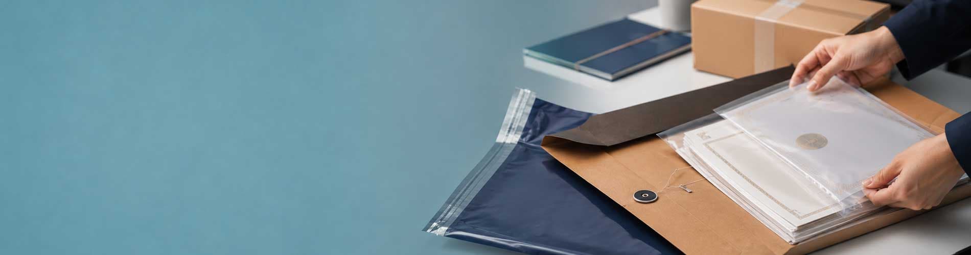 Students packing academic documents for international courier
