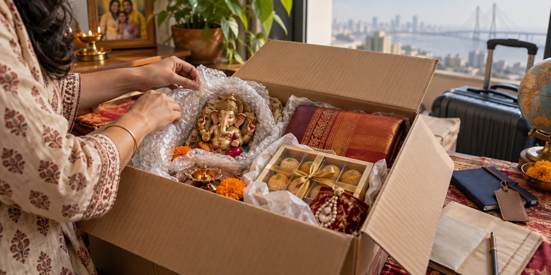 Ganpati gifts prepared for international shipping from Mumbai