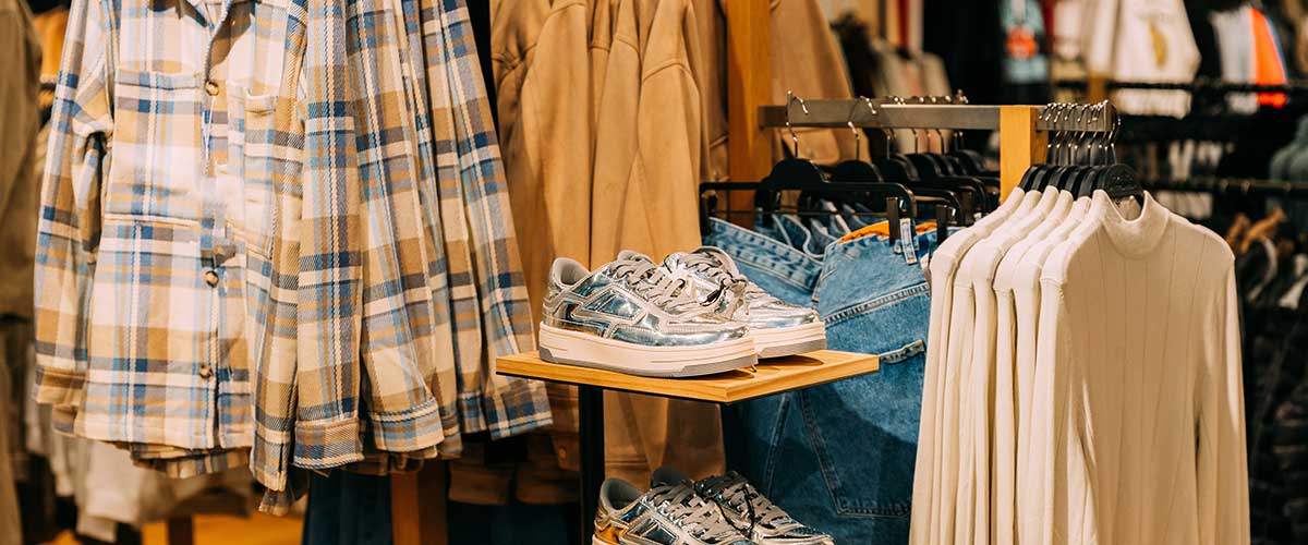 Clothes and shoes displayed in a store